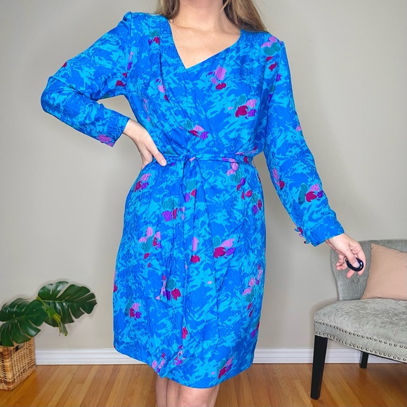 80s 100% Silk Vintage Bright Blue Faux Wrap Tie Waist Long Sleeve Dress (S/M) - Picture 4 of 4